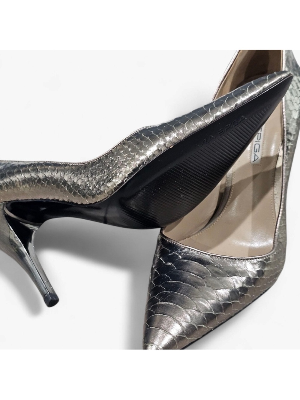Vía Spigga Metallic Silver snakeskin print Pointed-Toe Stiletto Pumps - Women
